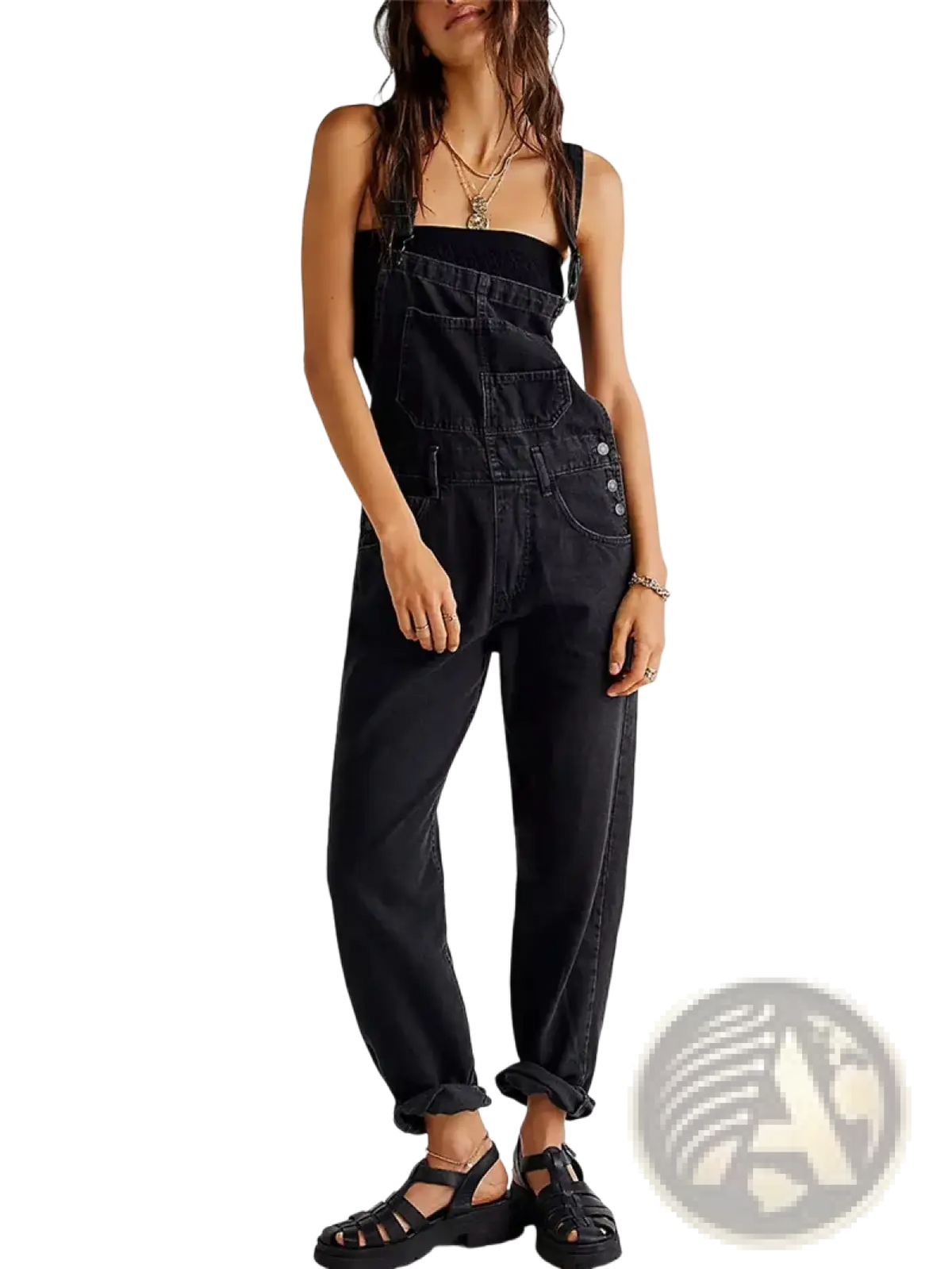 Black denim bib overalls with a loose straight fit and rolled cuffs made of relaxed cotton fabric
