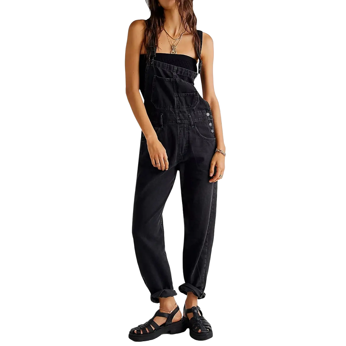 Black denim bib overalls with rolled cuffs and front pockets loose straight jean pants for casual wear