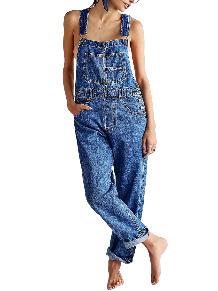 Blue denim bib overalls with adjustable straps and front pockets designed as loose straight jean pants