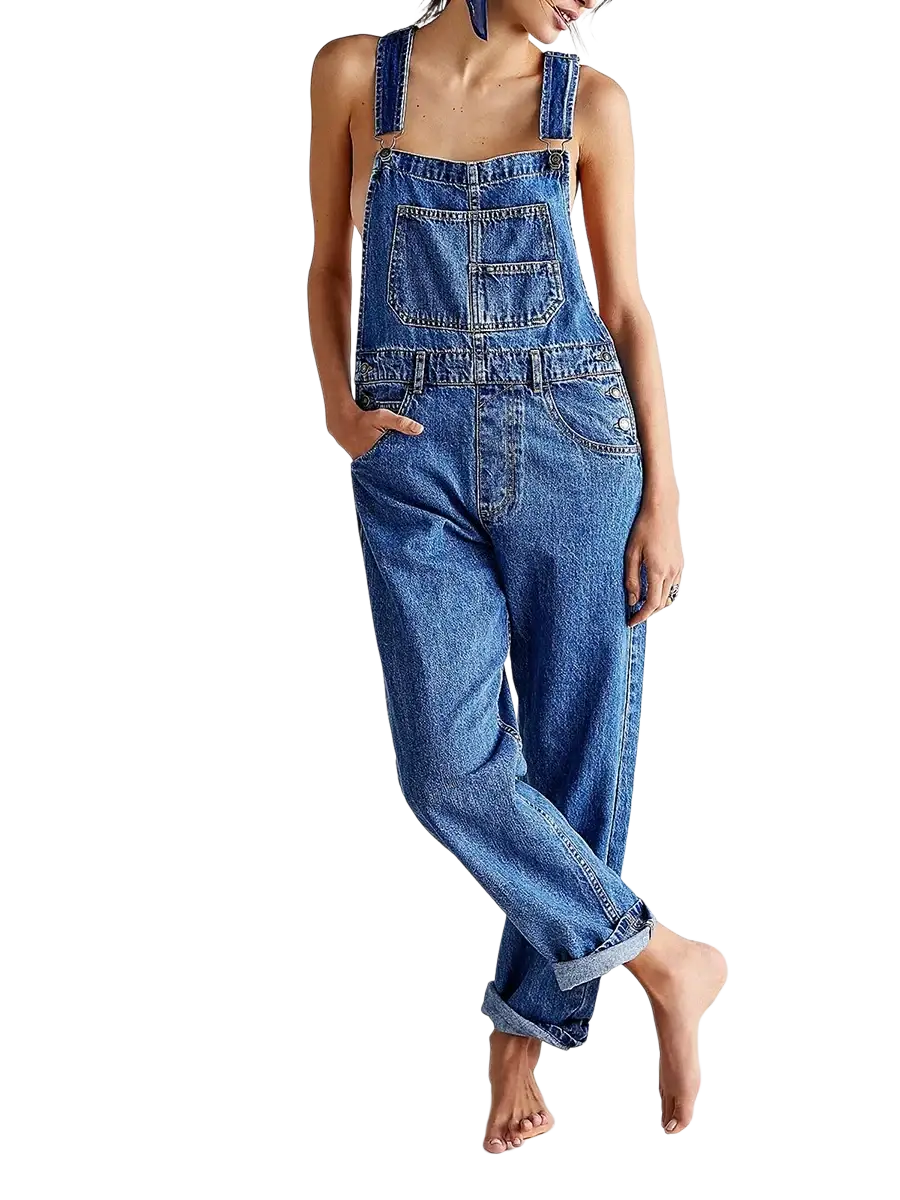 Blue denim bib overalls with adjustable straps and front pockets in loose straight jean pants style