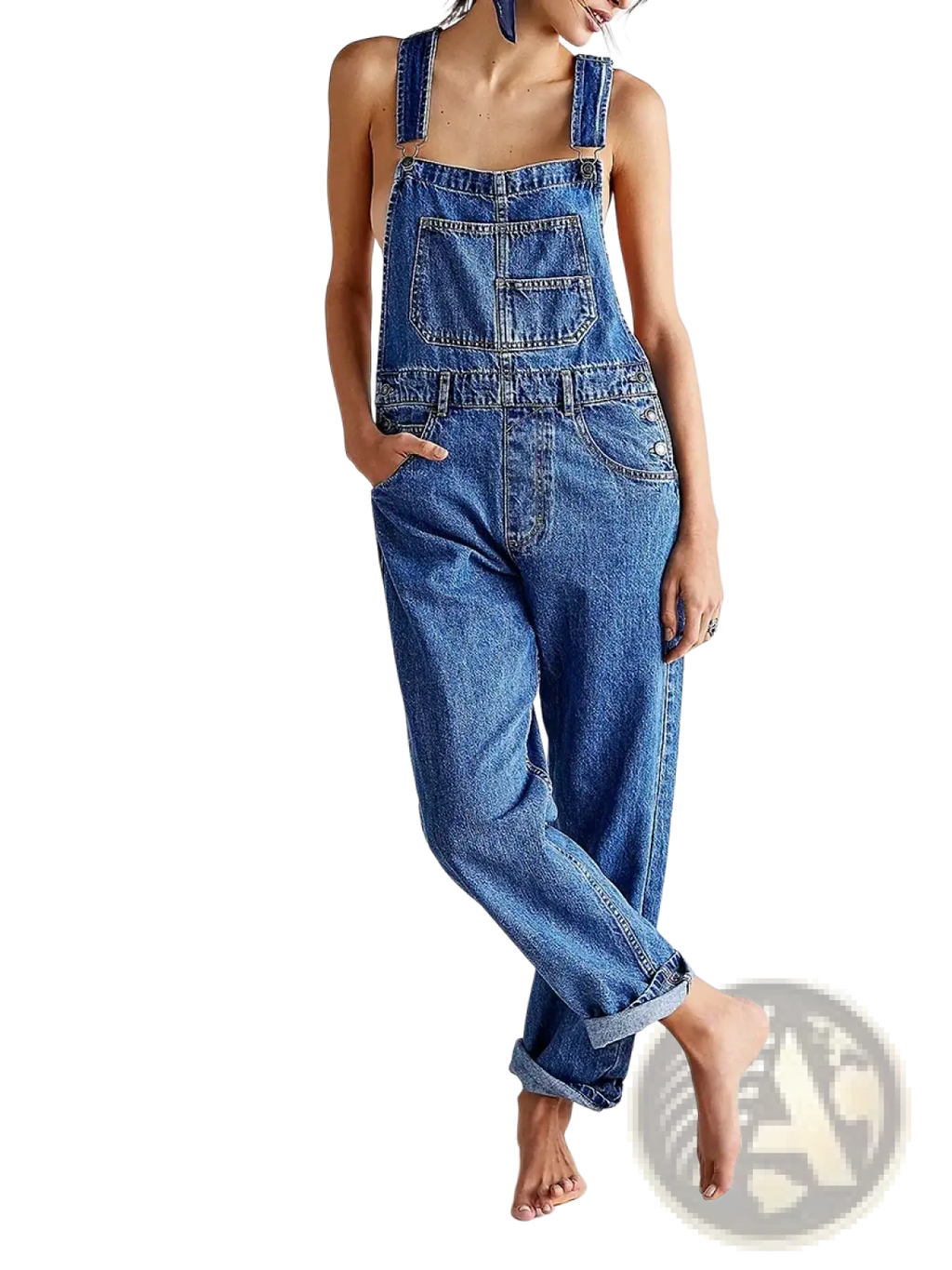 Blue denim bib overalls with adjustable straps and front pockets in loose straight jean pants style