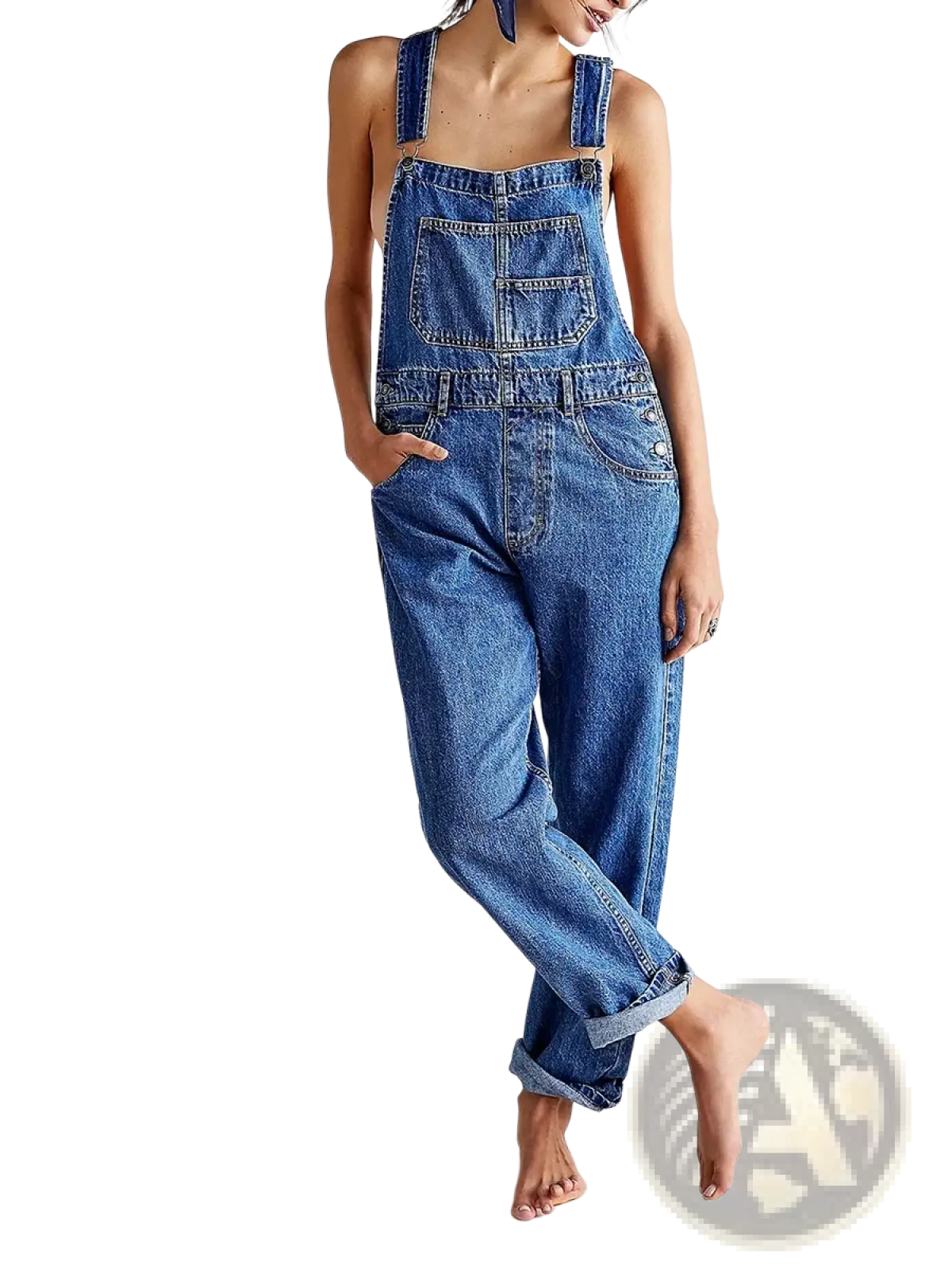 Blue denim bib overalls with adjustable straps and front pockets in loose straight jean pants style