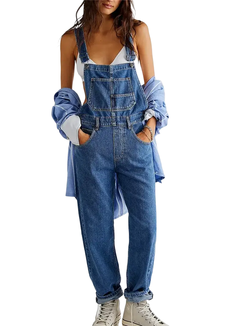 Blue denim bib overalls with rolled-up cuffs and front pockets in loose straight jean pants style
