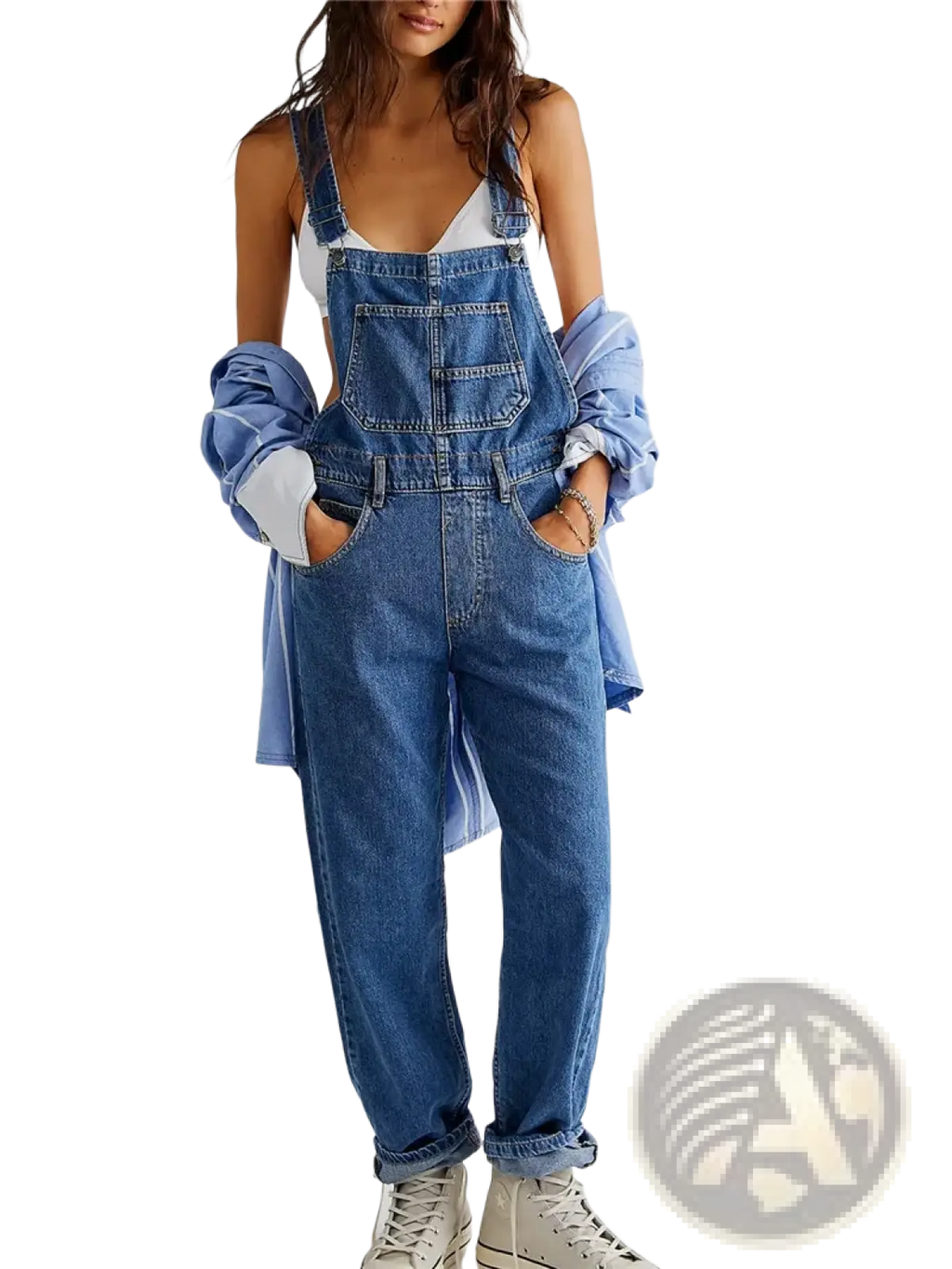 Blue denim bib overalls with rolled-up cuffs and front pockets in loose straight jean pants style