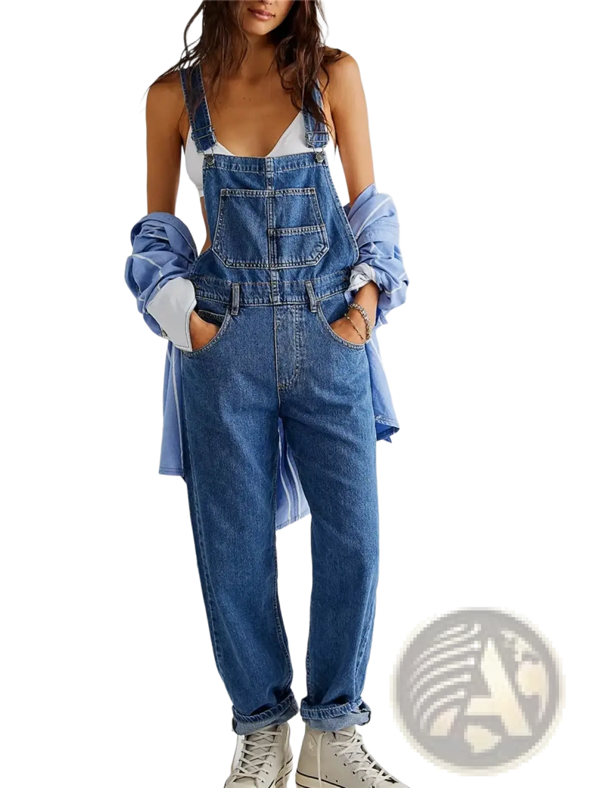 Blue denim bib overalls with rolled-up cuffs and front pockets in loose straight jean pants style