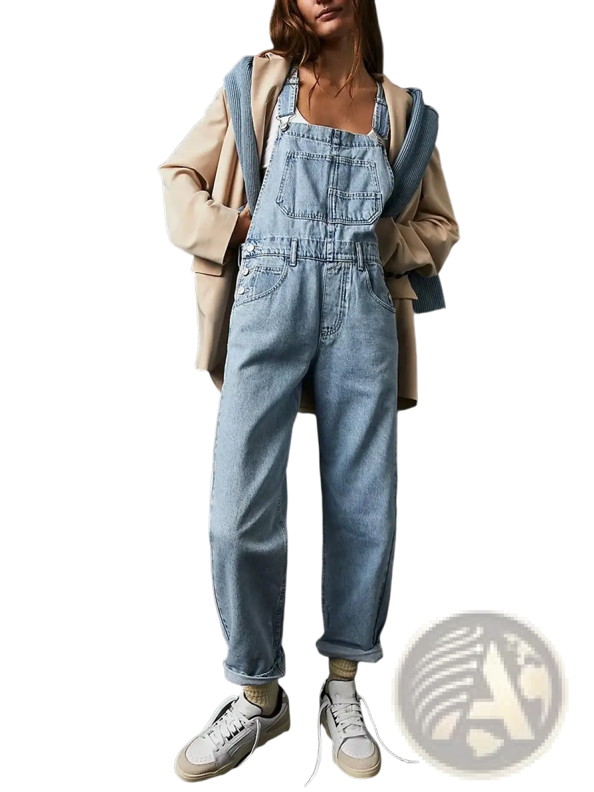 Denim bib overalls loose straight jean pants in light-wash denim with classic faded look and sturdy stitching