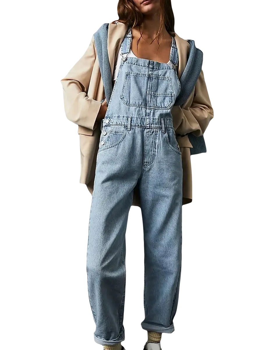 Light-wash denim bib overalls with a classic relaxed fit and multiple pockets in loose straight jean style