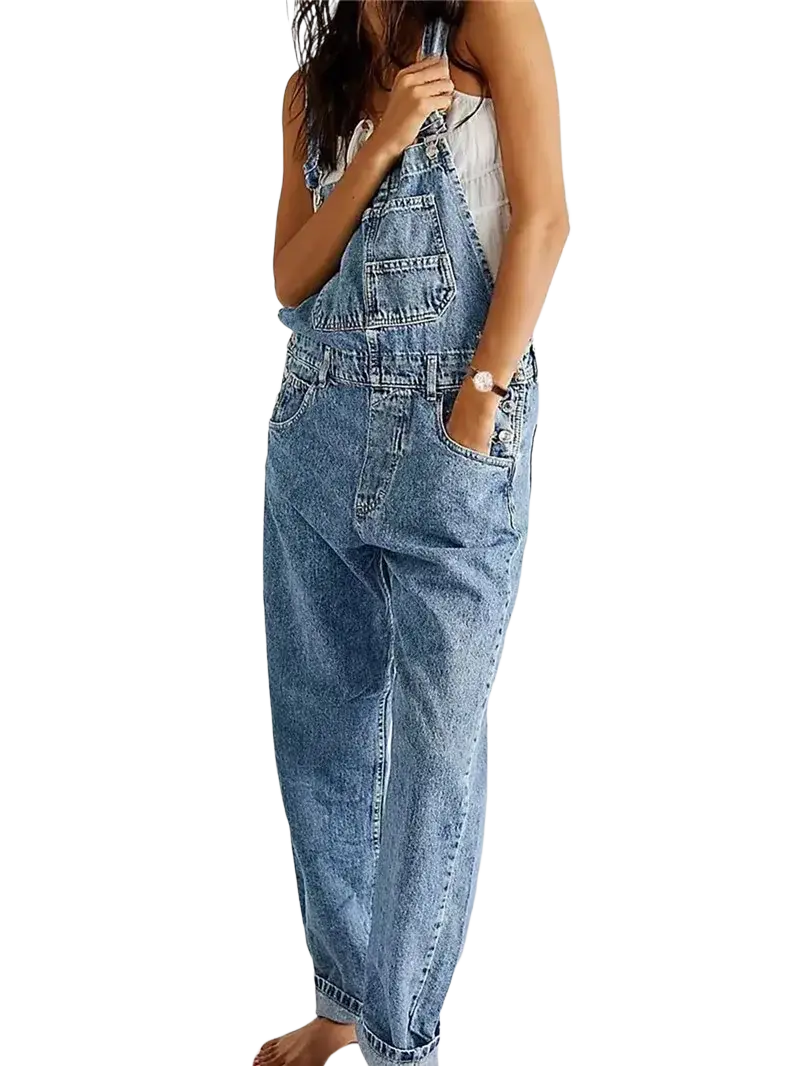 Light-wash denim bib overalls with a relaxed wide-leg cut and classic stitching details in light blue denim