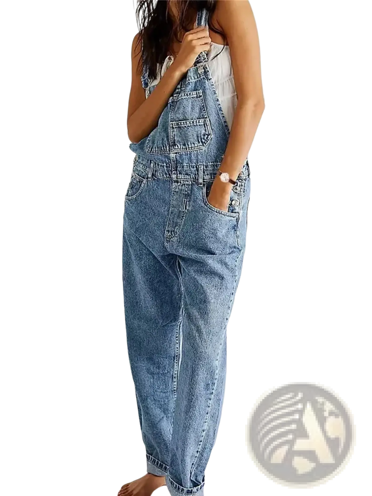 Light-wash denim bib overalls with a relaxed wide-leg cut and classic stitching details in light blue denim