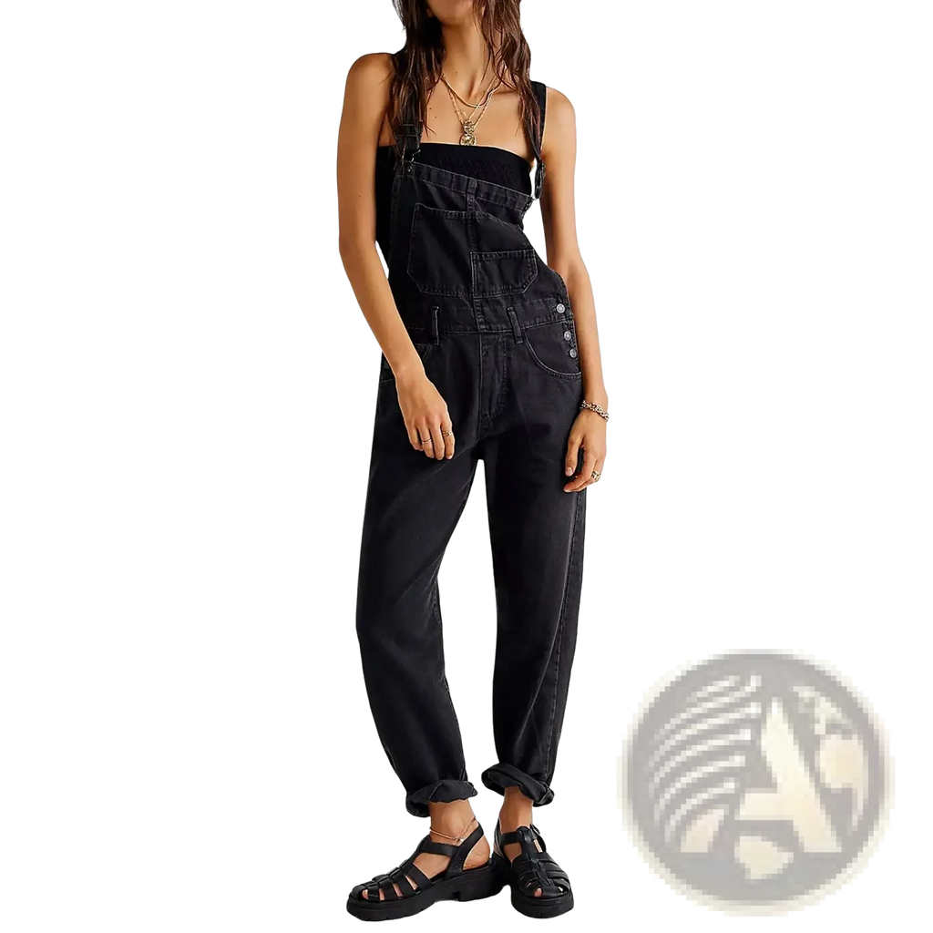 Black denim bib overalls with rolled cuffs and front pockets loose straight jean pants for casual wear