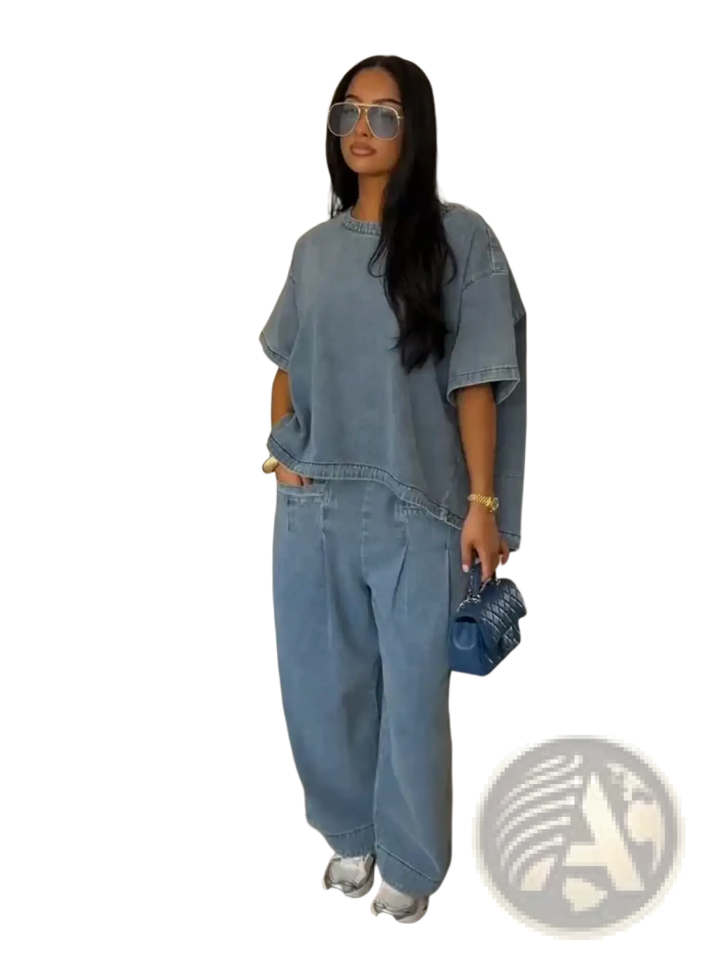 Blue denim oversized blouse with short sleeves and relaxed fit paired with wide leg pants in denim set