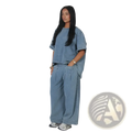 Light blue denim blouse and wide leg pants set with relaxed fit and wide leg design for casual wear