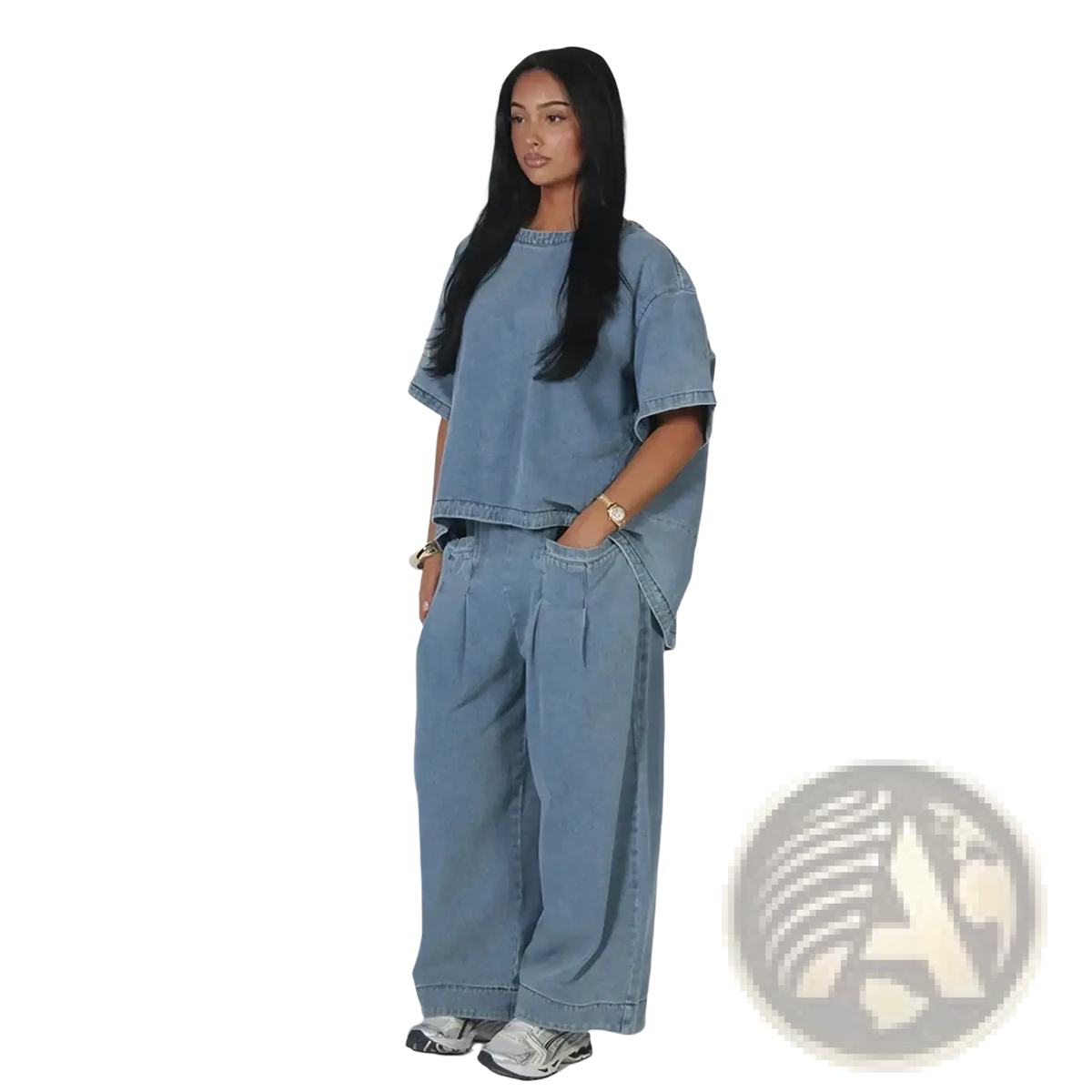 Light blue denim blouse and wide leg pants set with relaxed fit and wide leg design for casual wear