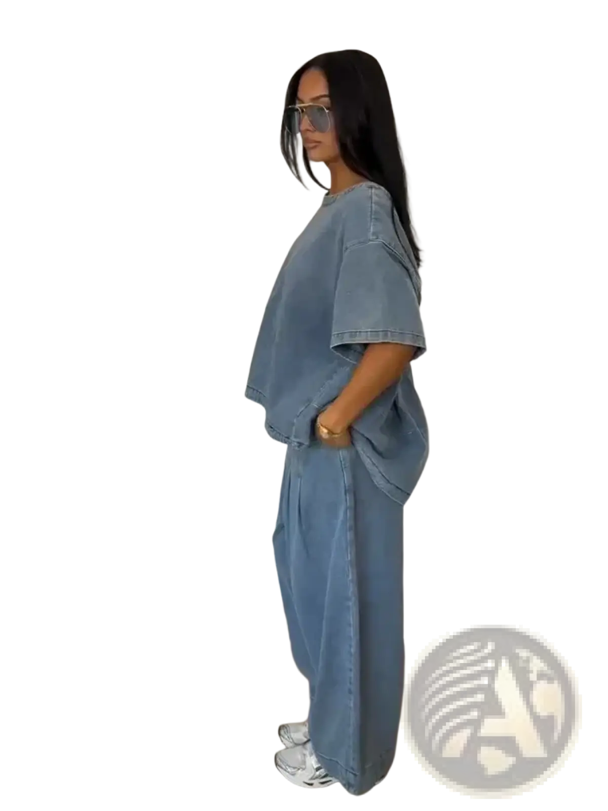 Light blue oversized denim blouse and wide-leg pants set with relaxed fit for casual wear