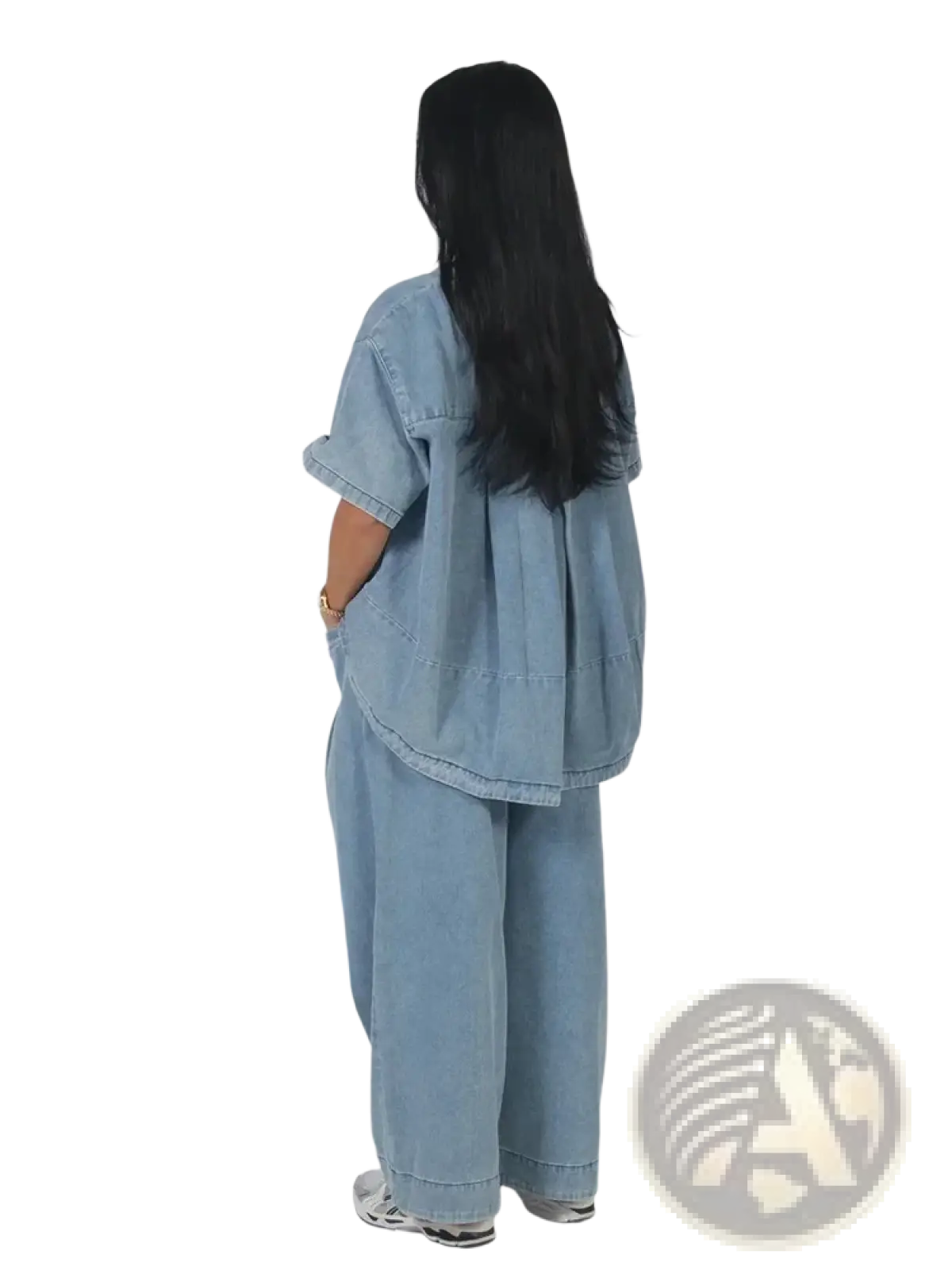 Light-wash denim oversized shirt with short sleeves and relaxed flowing silhouette from denim blouse and wide leg pants set