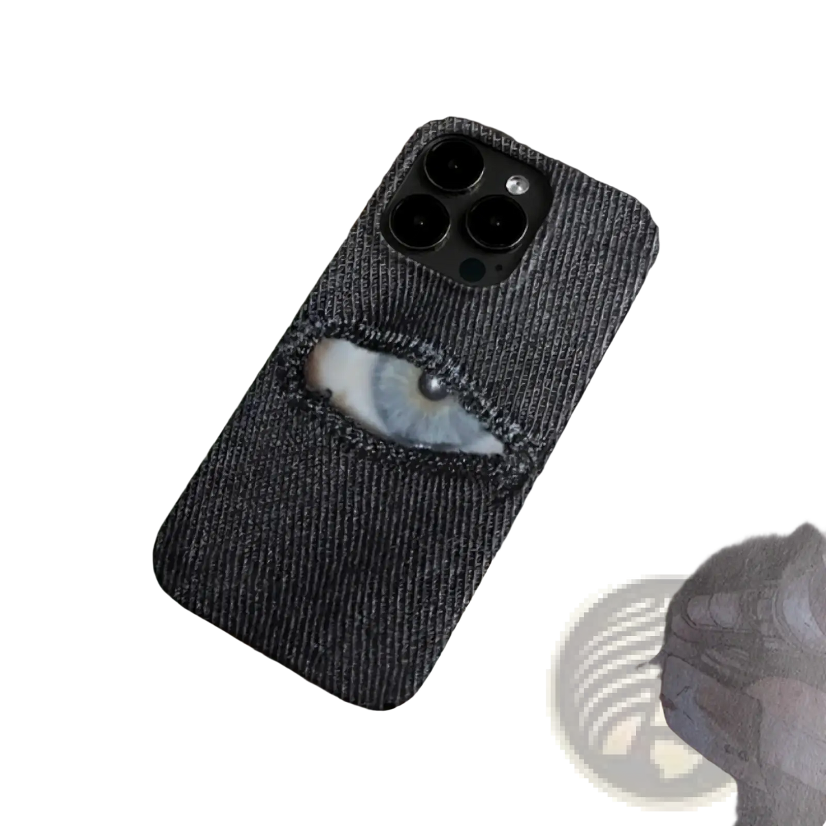 Dark denim textured phone case with stitched eye design featuring silver iris and black pupil on back side