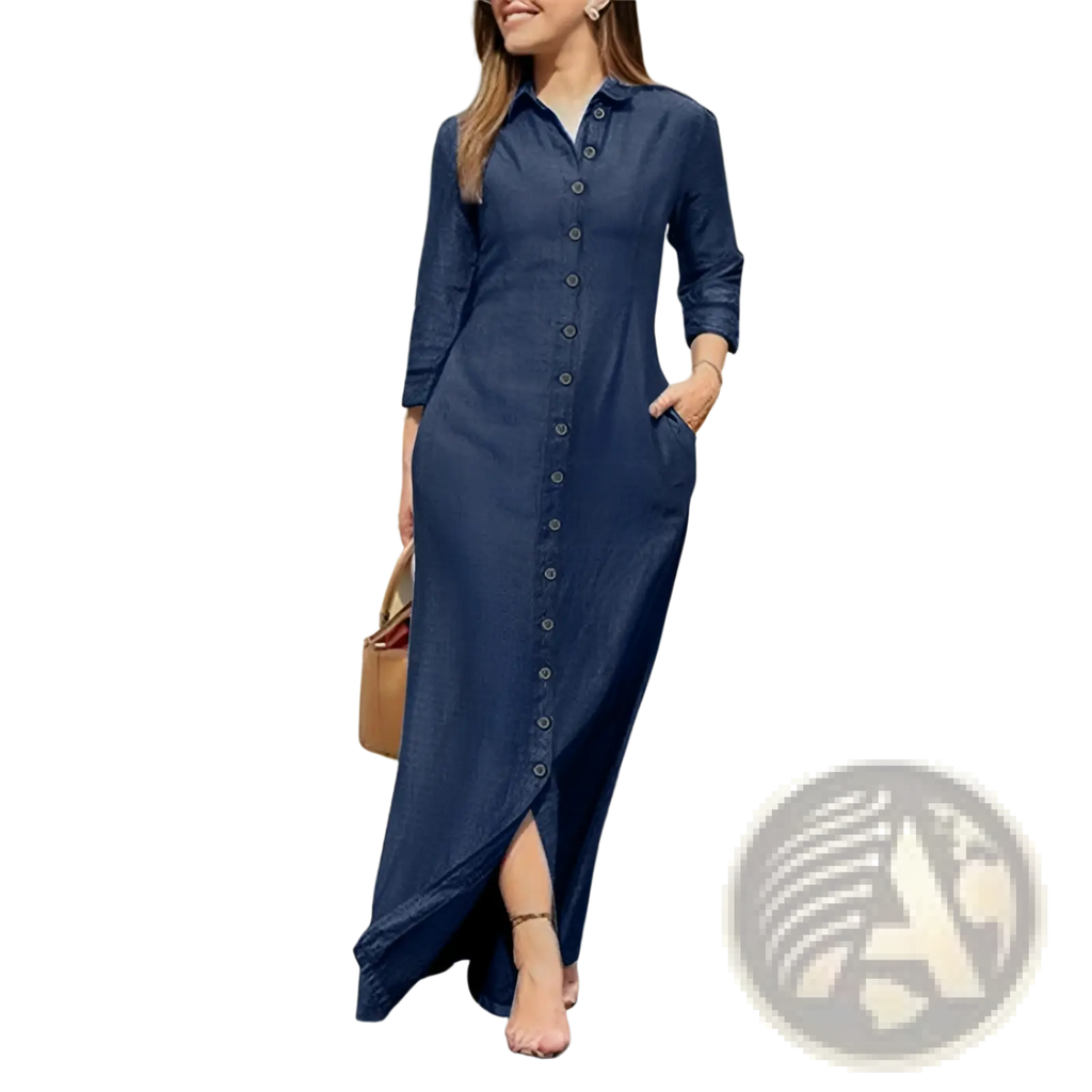 Navy blue denim button front long sleeve maxi dress with three quarter sleeves and a side slit