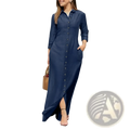 Navy blue denim button front long sleeve maxi dress with three quarter sleeves and a side slit