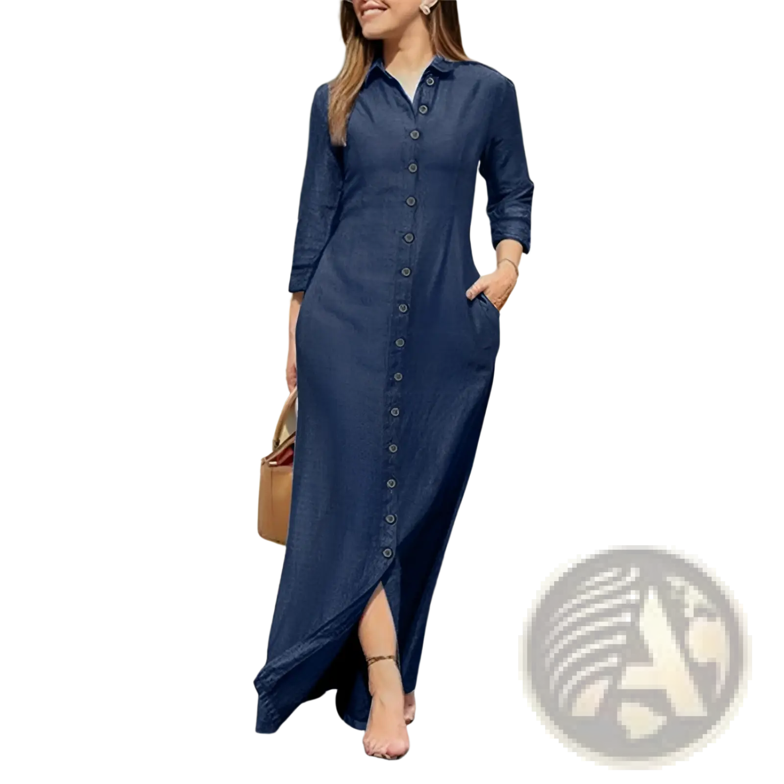 Navy blue denim button front long sleeve maxi dress with three quarter sleeves and a side slit