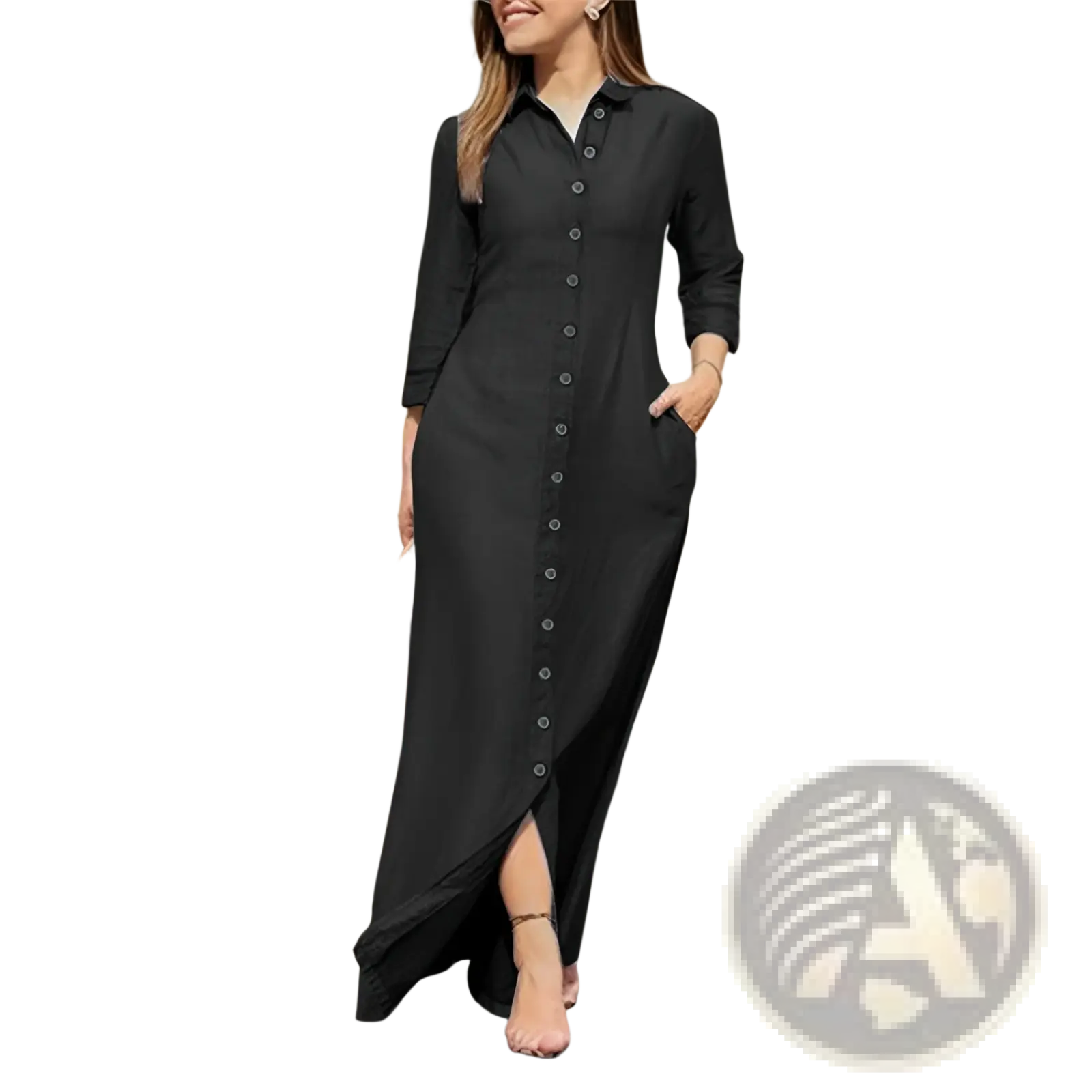 Black long-sleeved button-down maxi dress with side slit and front pockets in denim fabric for casual wear