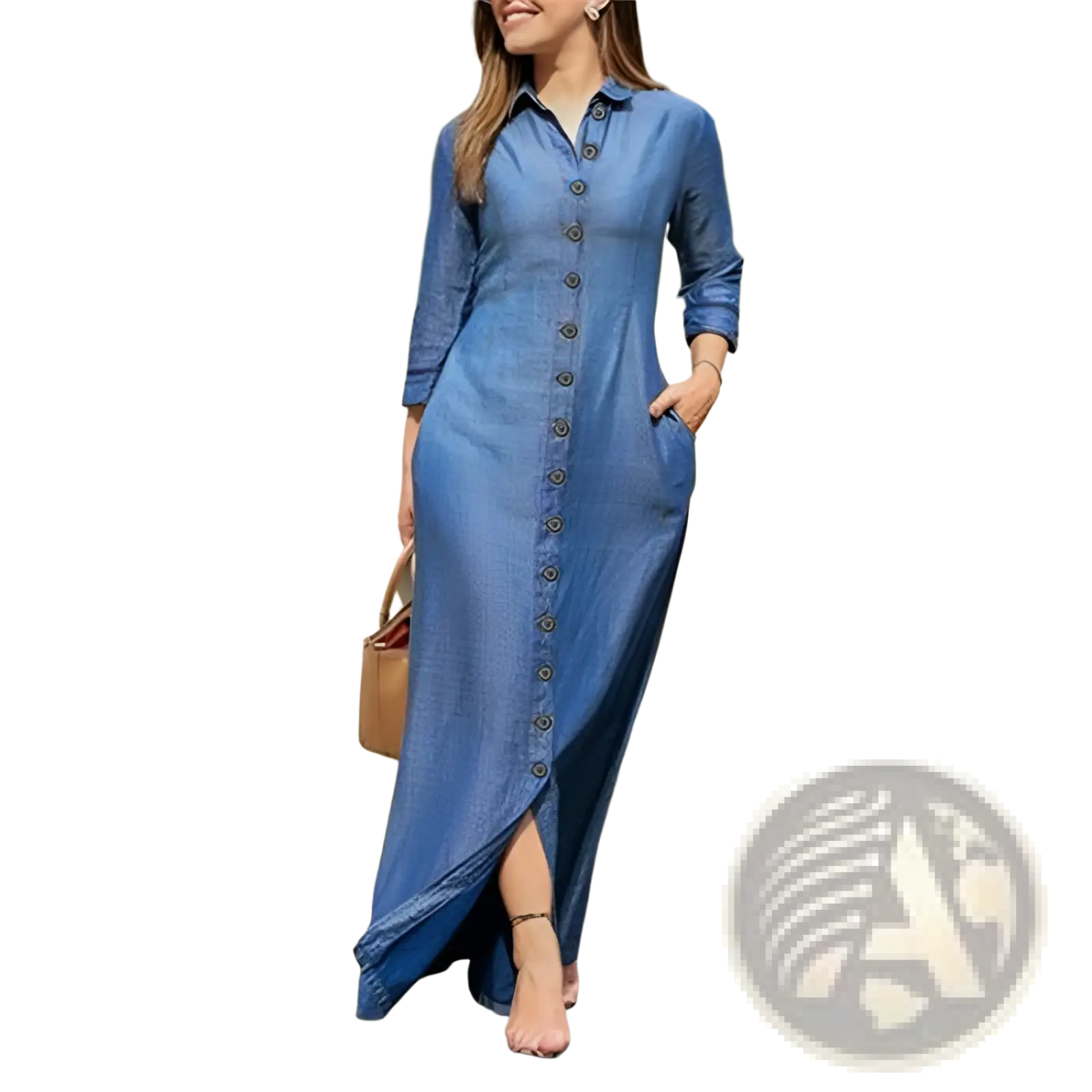 A long blue denim button front maxi dress with three quarter length sleeves made of denim fabric