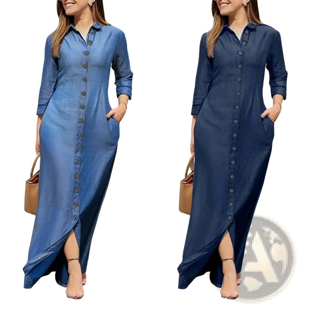 A medium blue denim button front long sleeve maxi dress with three quarter sleeves and side pockets