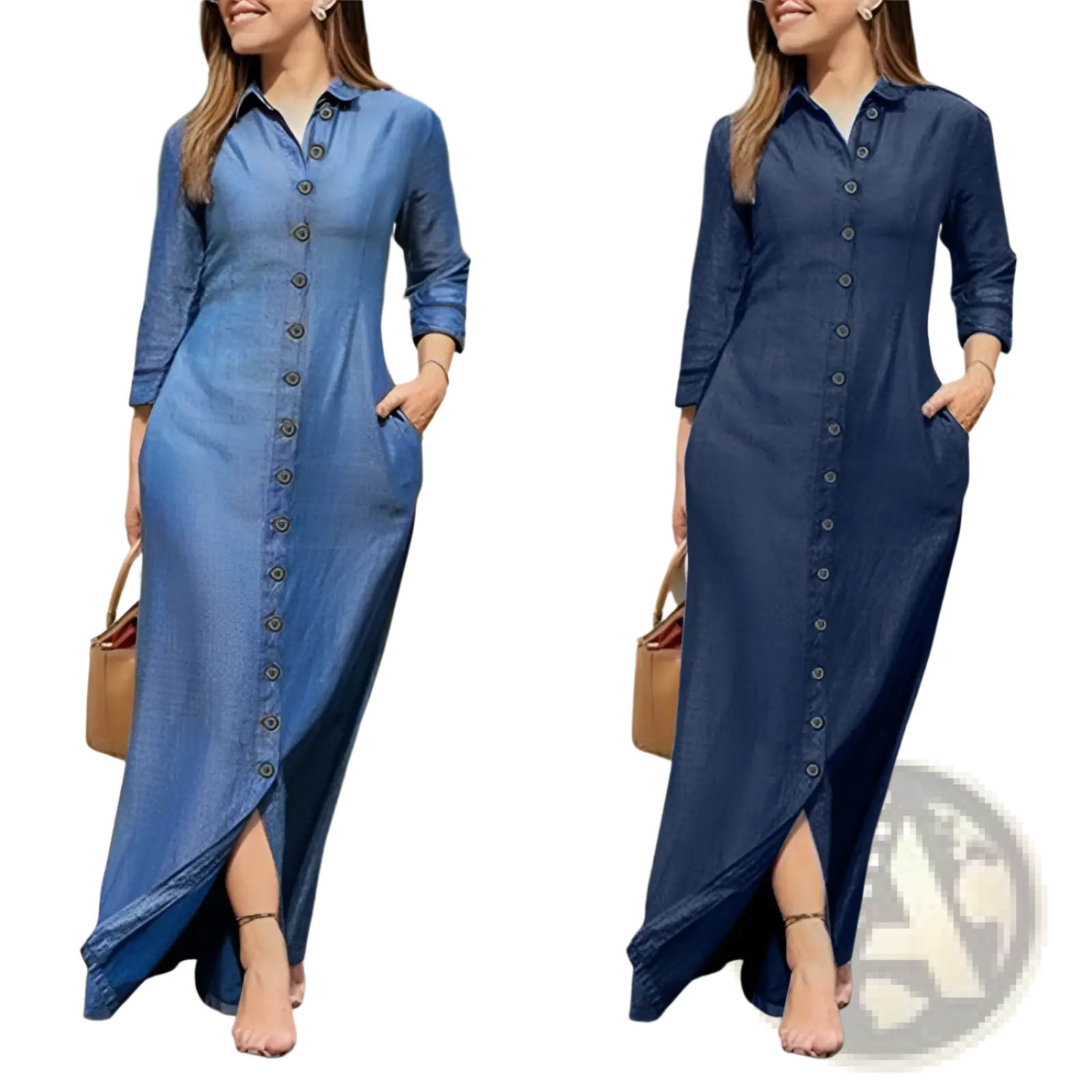 A medium blue denim button front long sleeve maxi dress with three quarter sleeves and side pockets
