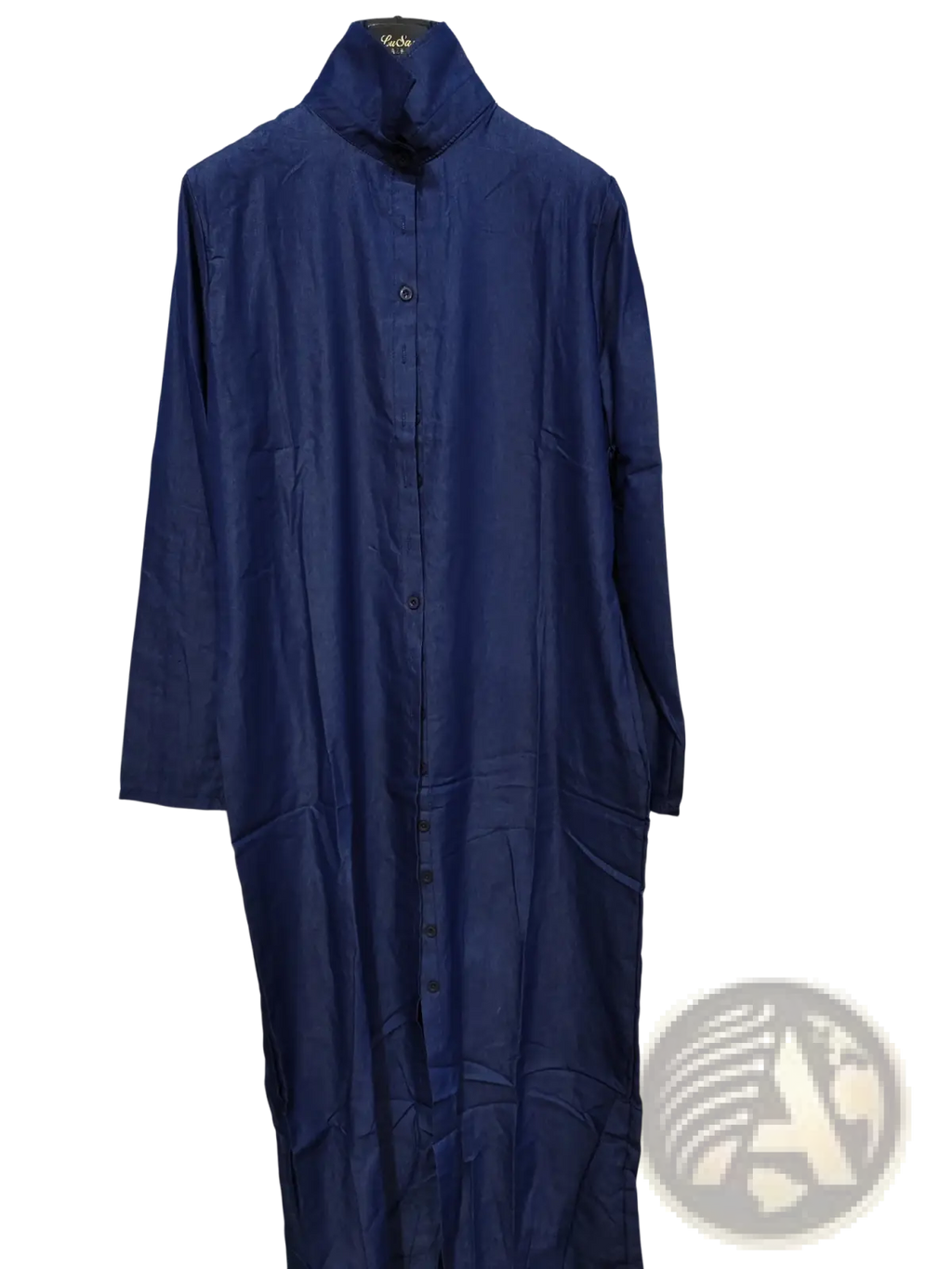 Denim button front long sleeve maxi dress in navy blue with high collar and front pockets made of denim fabric