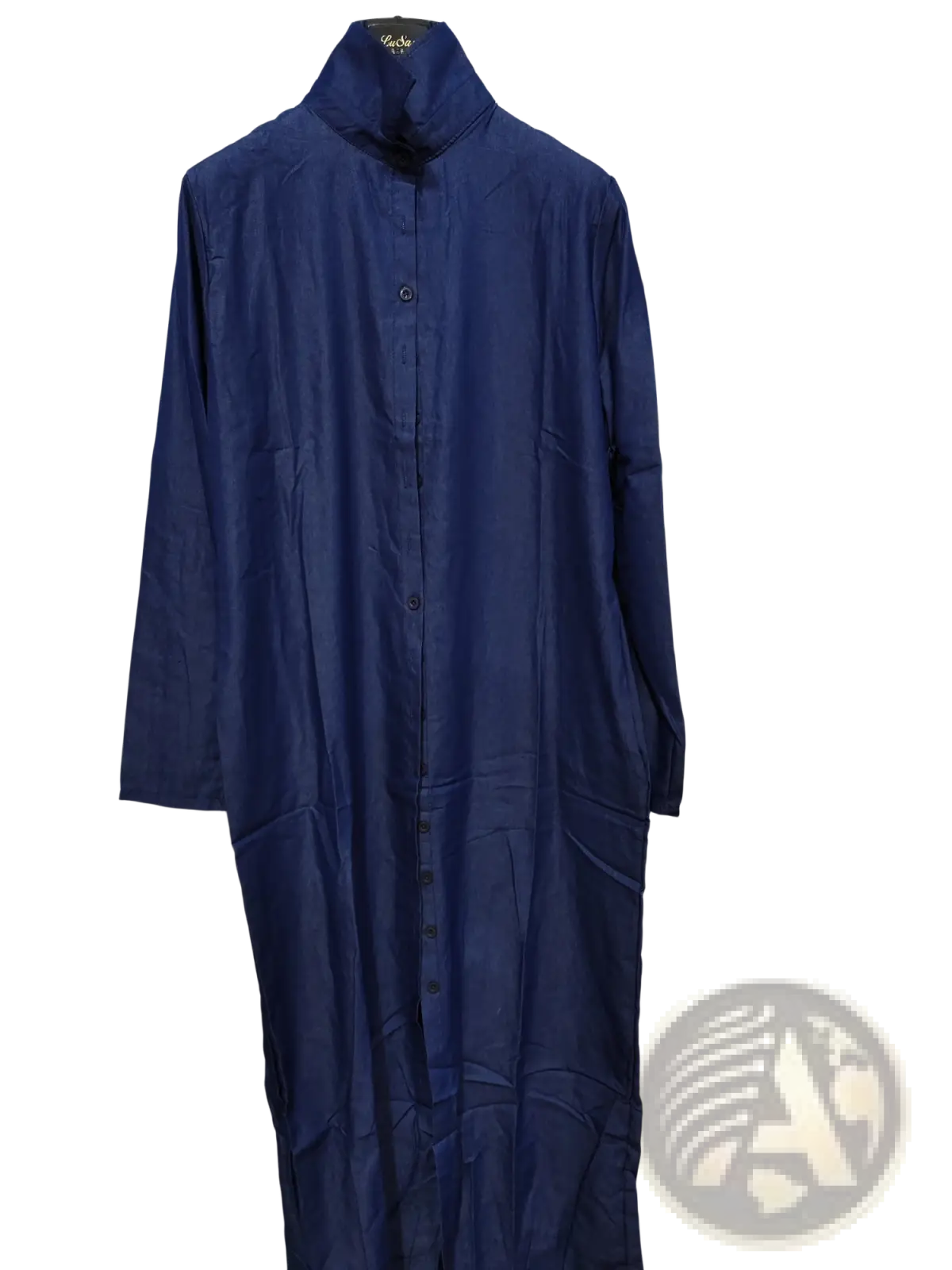 Denim button front long sleeve maxi dress in navy blue with high collar and front pockets made of denim fabric