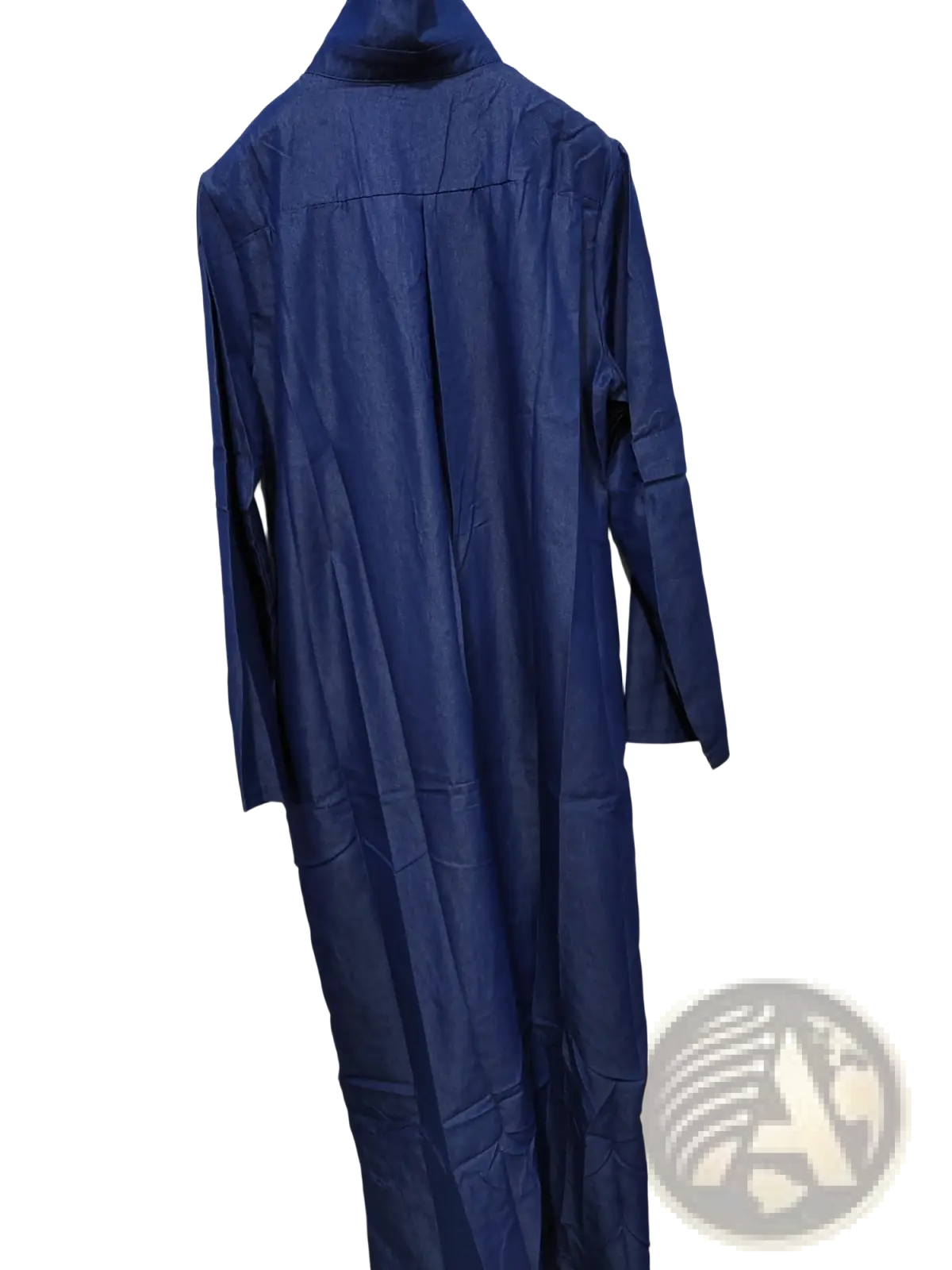 A navy blue long-sleeved raincoat with high collar and visible seams hanging on wooden hanger
