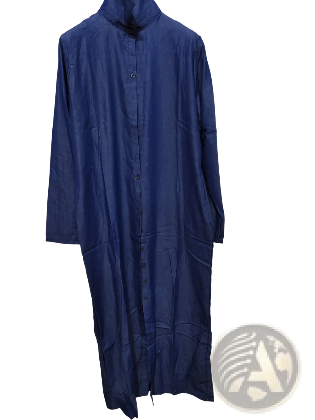 Navy blue denim button front long sleeve maxi dress with high collar and patch pockets