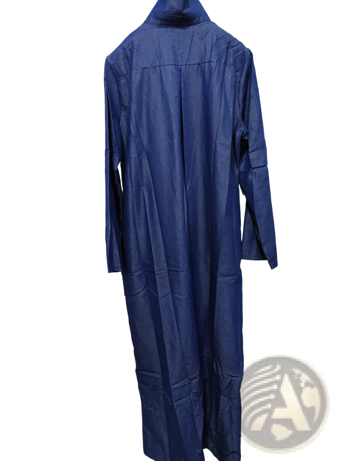 A long navy blue raincoat with high collar and full-length sleeves hanging on a wooden hanger