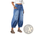 Light-wash denim capri pants with wide legs elastic waistband and two large patch pockets in a retro high waisted style
