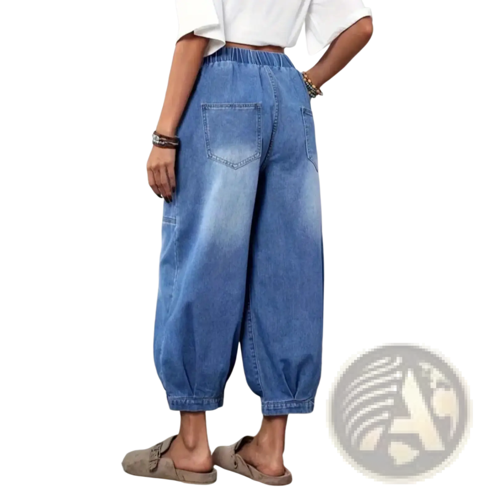 Light-wash blue denim capri pants with elastic waistband cuffed hems high waisted retro style