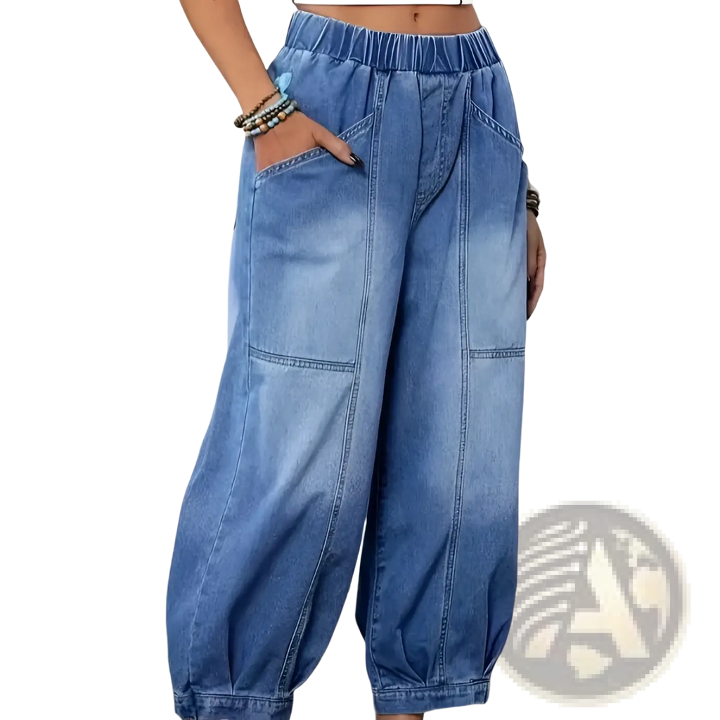 Denim capri pants high waisted light wash with elastic waistband and wide tapered light-wash blue denim legs