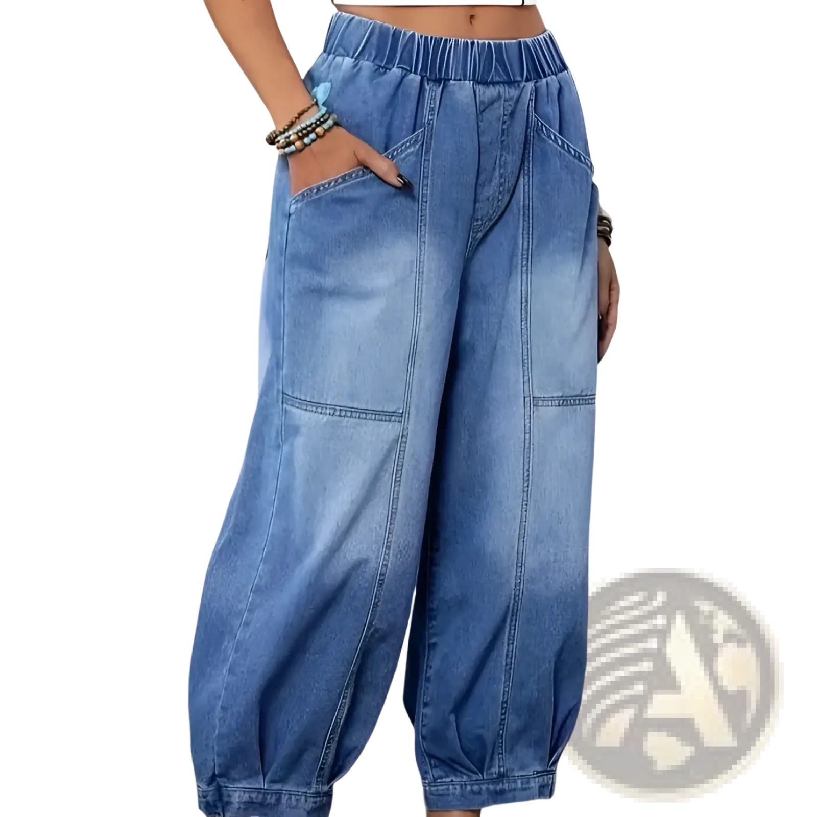 Denim capri pants high waisted light wash with elastic waistband and wide tapered light-wash blue denim legs