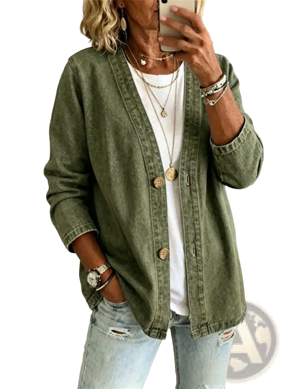 Olive green denim cardigan jacket womens v-neck button down with wooden buttons and rolled cuffs