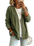 Olive green denim cardigan jacket womens v-neck button down with wooden buttons and rolled cuffs