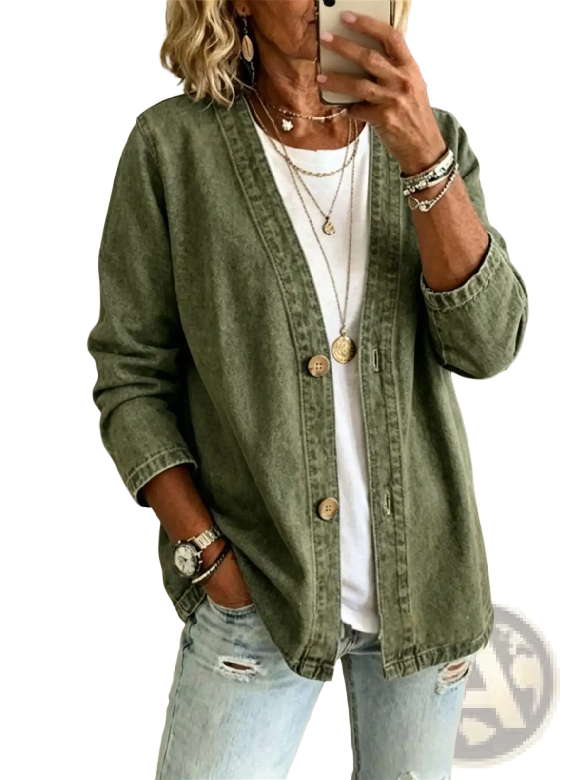 Olive green denim cardigan jacket womens v-neck button down with wooden buttons and rolled cuffs
