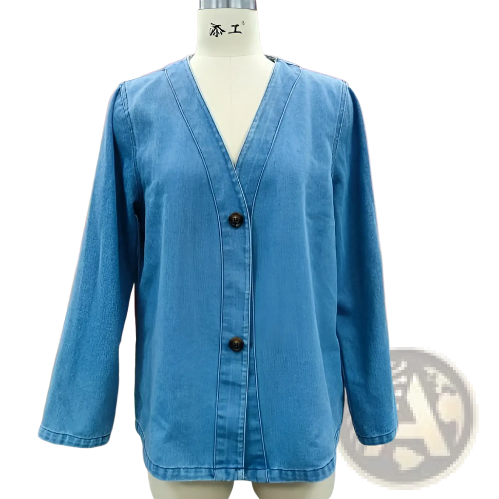 Light blue denim cardigan jacket womens v-neck button down with three dark brown buttons down the front