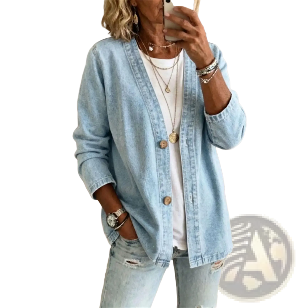 Light blue denim cardigan jacket womens v-neck button down with button closures and rolled-up sleeves