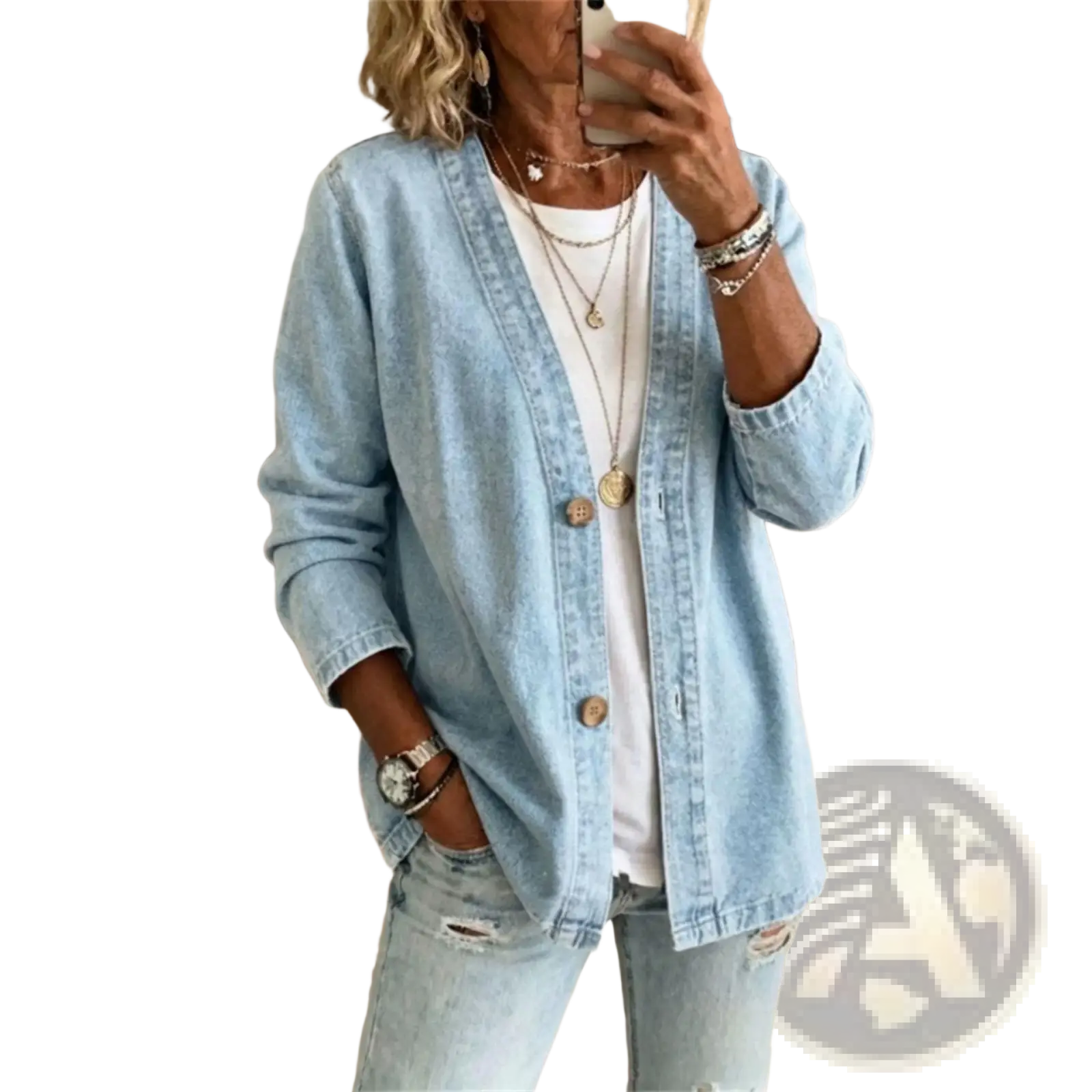 Light blue denim cardigan jacket womens v-neck button down with button closures and rolled-up sleeves