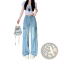 Silver metallic mini backpack with chain strap paired with denim cargo pants wide leg light wash front view