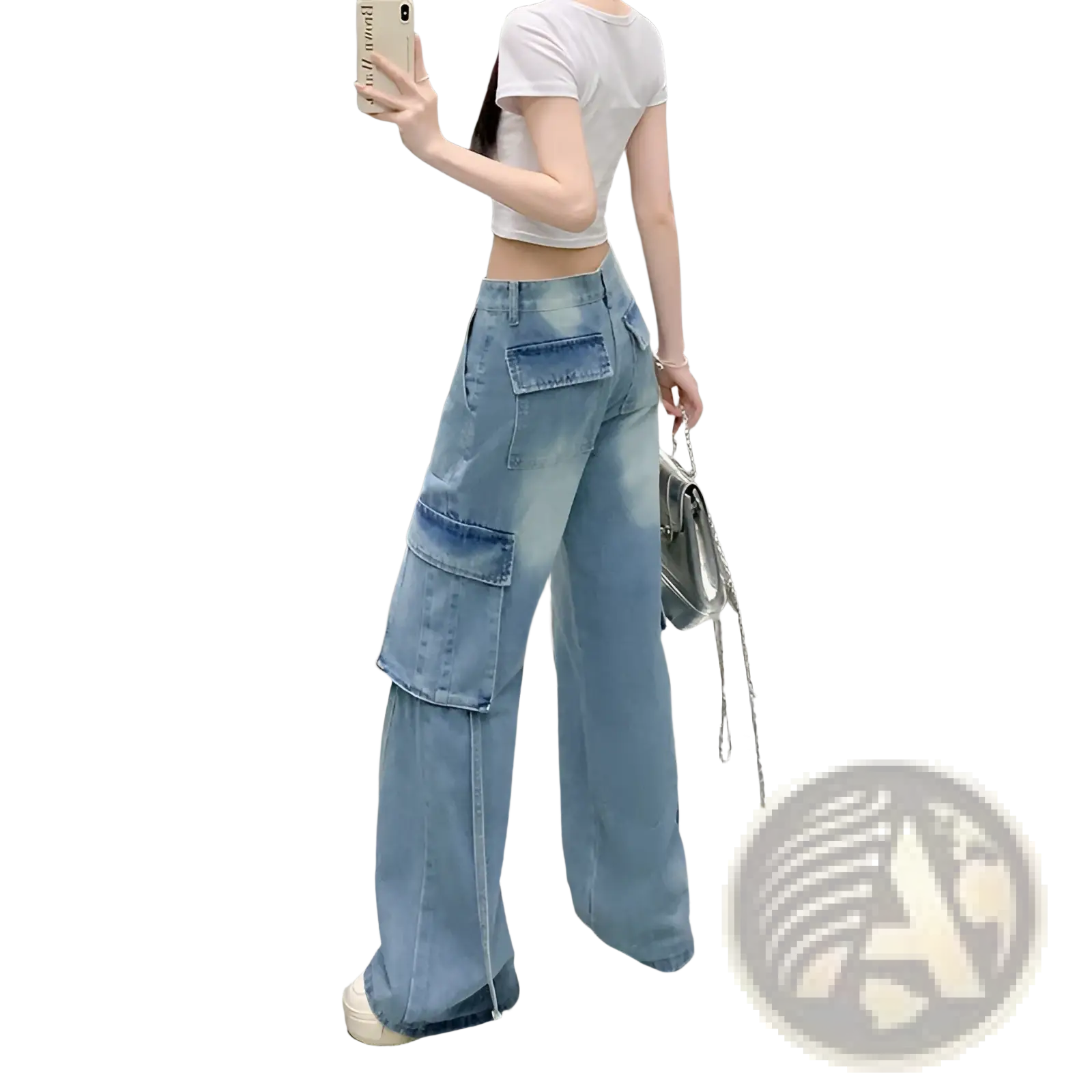 Light-wash denim cargo pants with wide legs and multiple pockets made from durable denim fabric