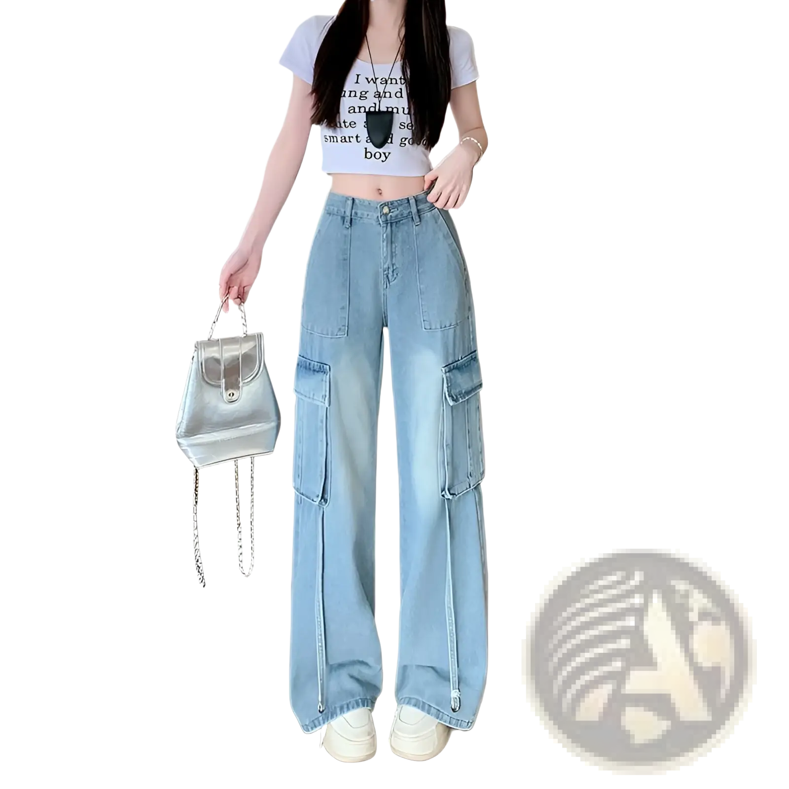 Light blue denim cargo pants with multiple pockets and a relaxed wide leg fit in a light wash finish