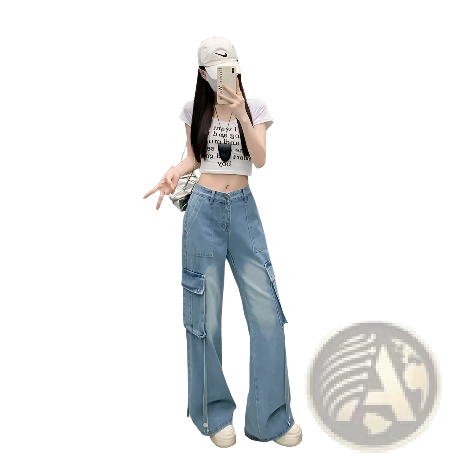 Denim cargo pants light wash featuring multiple pockets and a relaxed wide-leg cut in light-wash denim