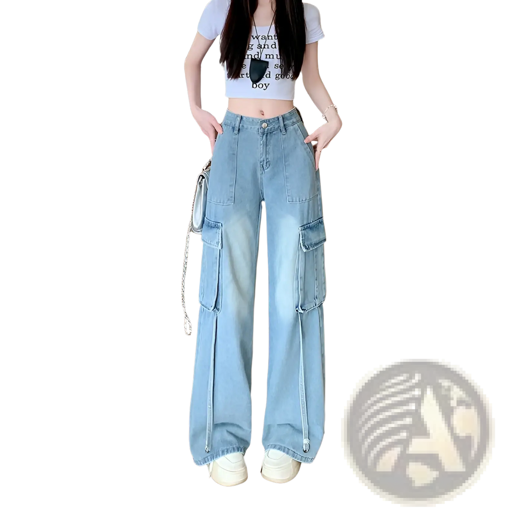 Light-wash denim cargo pants with wide leg, multiple pockets, and drawstring cuffs in a casual style