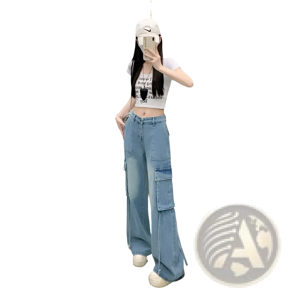 Light wash denim cargo pants with multiple pockets and a wide flared leg for casual wear