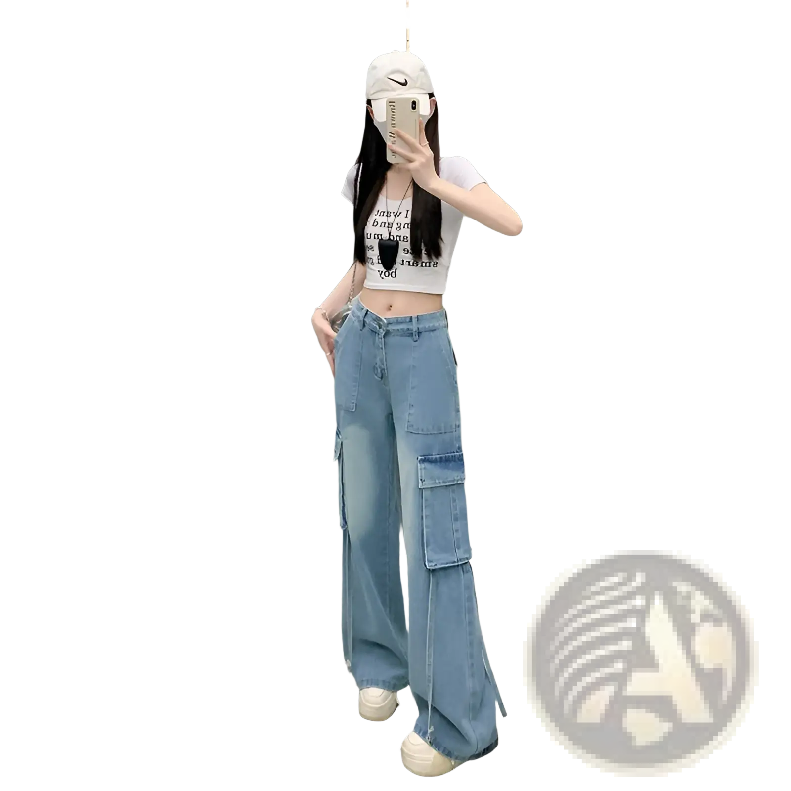 Light wash denim cargo pants with multiple pockets and a wide flared leg for casual wear