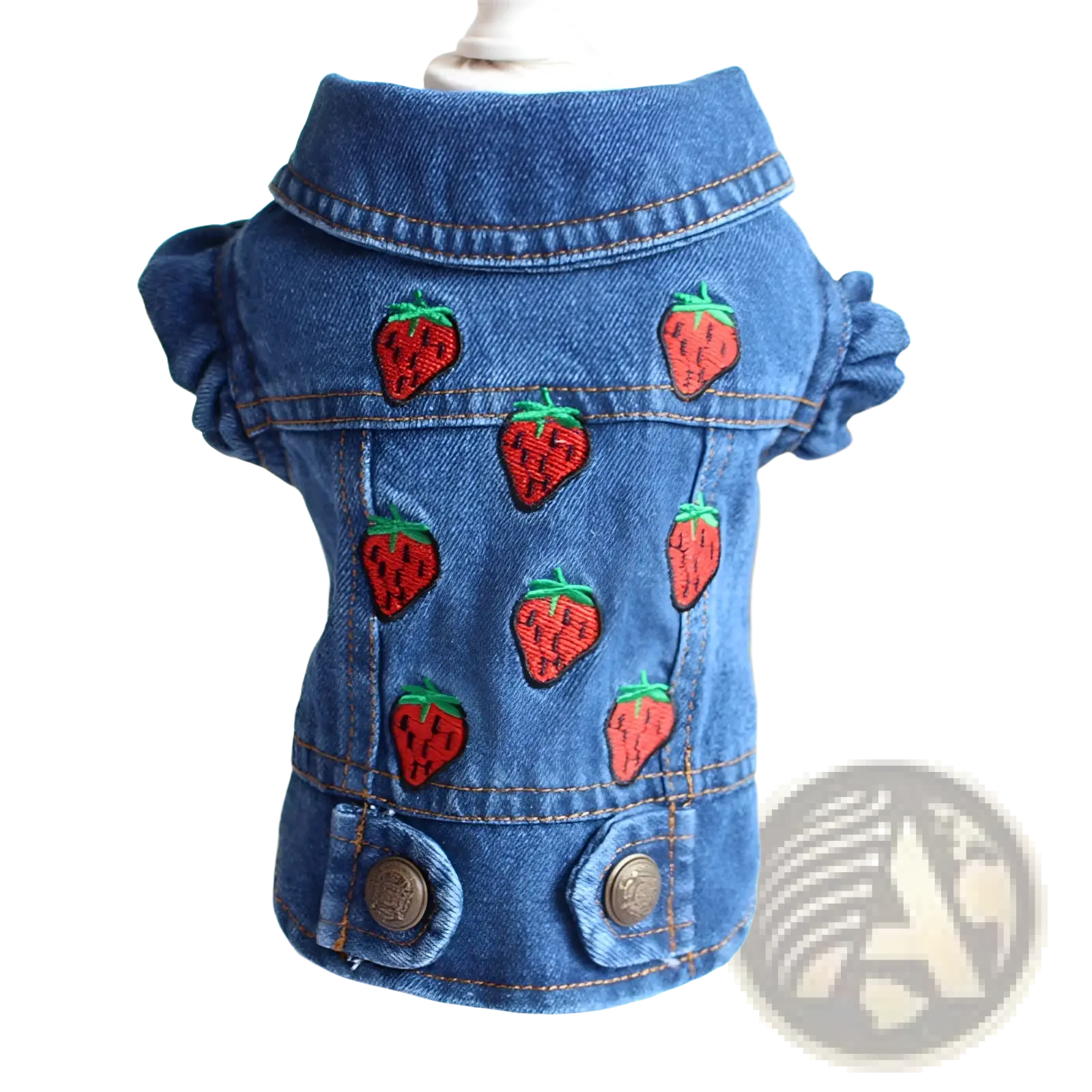 Blue denim dog jacket with red strawberry embroidery and brown stitching for stylish puppy wear